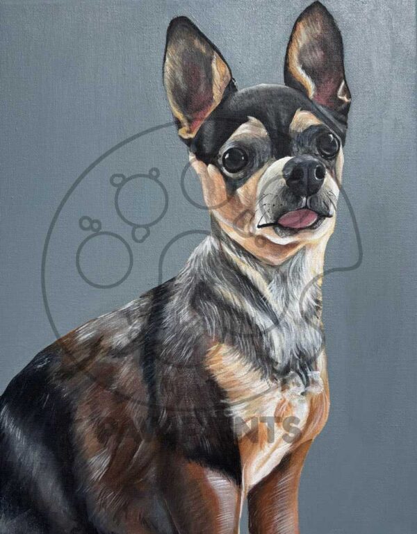 chihuahua painting with tongue out on gray background