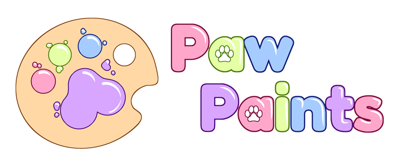 Paw paints logo with paint palette in the shape of a paw print.