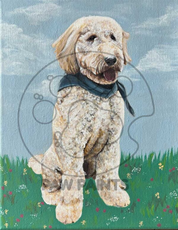 golden doodle Full body painting of golden doodle sitting on grass with a blue bandana