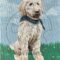 Full body painting of golden doodle sitting on grass with a blue bandana